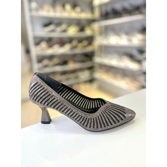 Antrasit File Doku Çizgili Topuklu Sivri Burun Anne Abiye Ayakkabısı