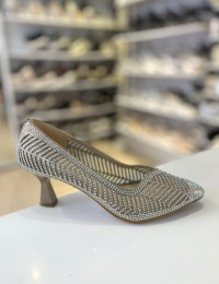 Gold File Doku Çizgili Topuklu Sivri Burun Anne Abiye Ayakkabısı