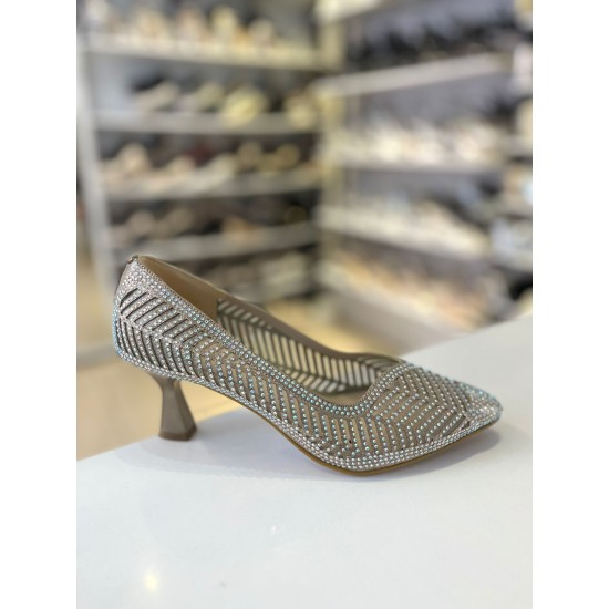 Gold File Doku Çizgili Topuklu Sivri Burun Anne Abiye Ayakkabısı