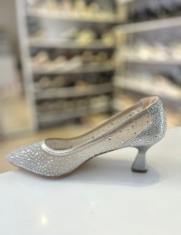 Gümüş Cinderella Taş İşleme File Doku Topuklu Abiye Ayakkabı