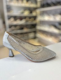 Gümüş Cinderella Taş İşleme File Doku Topuklu Abiye Ayakkabı