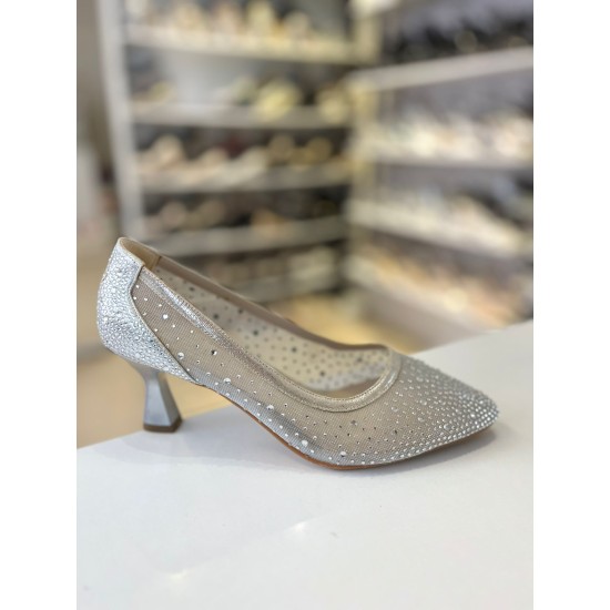 Gümüş Cinderella Taş İşleme File Doku Topuklu Abiye Ayakkabı
