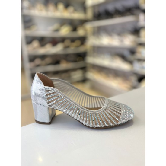 Gümüş File Doku Çizgili Topuklu Anne Ayakkabısı