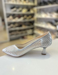 Gümüş File Doku Çizgili Topuklu Sivri Burun Anne Abiye Ayakkabısı