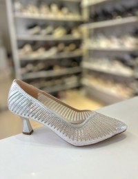 Gümüş File Doku Çizgili Topuklu Sivri Burun Anne Abiye Ayakkabısı