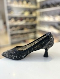 Siyah Cinderella Taş İşleme File Doku Topuklu Abiye Ayakkabı