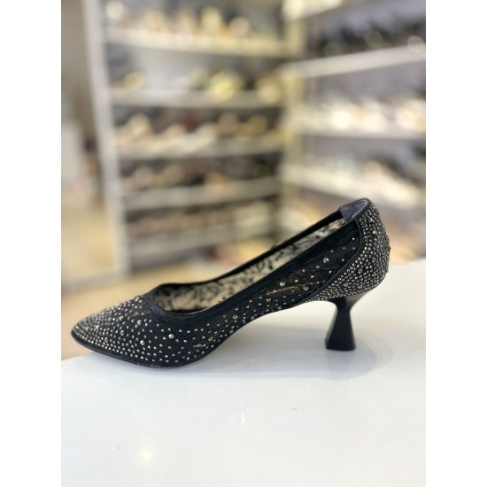 Siyah Cinderella Taş İşleme File Doku Topuklu Abiye Ayakkabı
