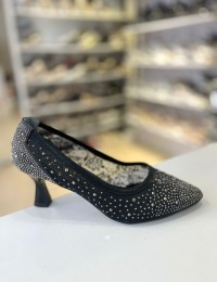 Siyah Cinderella Taş İşleme File Doku Topuklu Abiye Ayakkabı