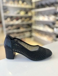 Siyah File Doku Çizgili Topuklu Anne Abiye Ayakkabısı