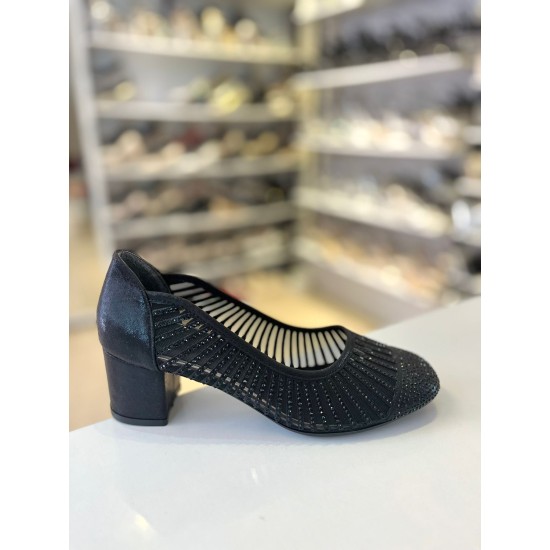 Siyah File Doku Çizgili Topuklu Anne Abiye Ayakkabısı