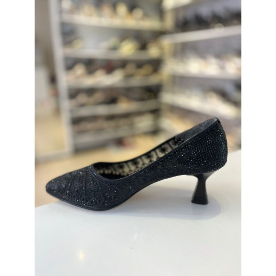 Siyah File Doku Çiçek Desen Topuklu Sivri Burun Anne Abiye Ayakkabısı