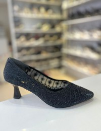 Siyah File Doku Çiçek Desen Topuklu Sivri Burun Anne Abiye Ayakkabısı