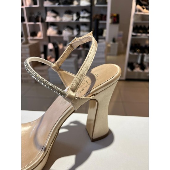 Bej Saten Tek Bant Taşlı Platform Ayakkabı