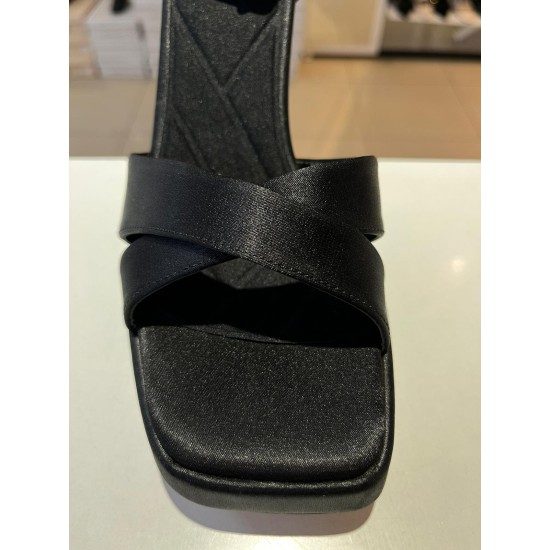 Siyah Saten Çapraz Bant Bilekten Bağlamalı Platform Ayakkabı