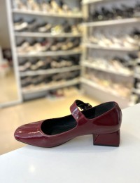 Bordo Rugan Tek Bant Kilteli Kalın Topuk Mary Jane