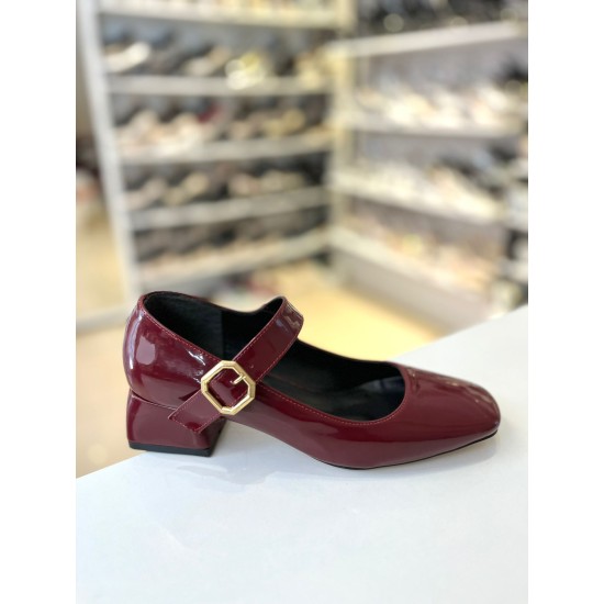 Bordo Rugan Tek Bant Kilteli Kalın Topuk Mary Jane