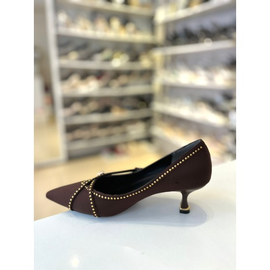 Acı Kahve Pul İşleme Çapraz Bant  Kilteli Kısa Topuk Stiletto