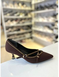 Acı Kahve Pul İşleme Çapraz Bant  Kilteli Kısa Topuk Stiletto