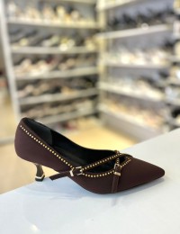 Acı Kahve Pul İşleme Çapraz Bant  Kilteli Kısa Topuk Stiletto