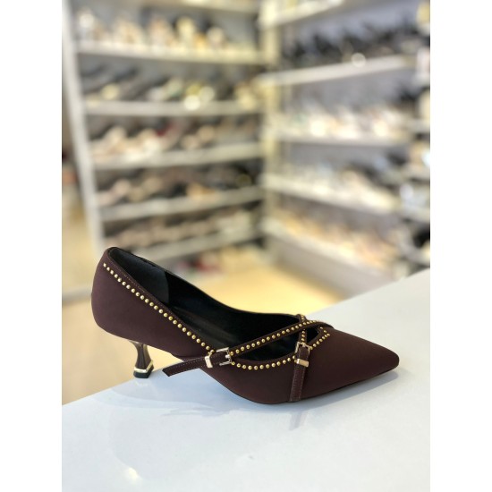Acı Kahve Pul İşleme Çapraz Bant  Kilteli Kısa Topuk Stiletto