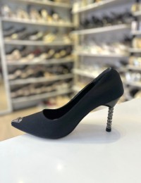 Siyah Antrasit Toka Mat Saten Taş Topuklu Stiletto