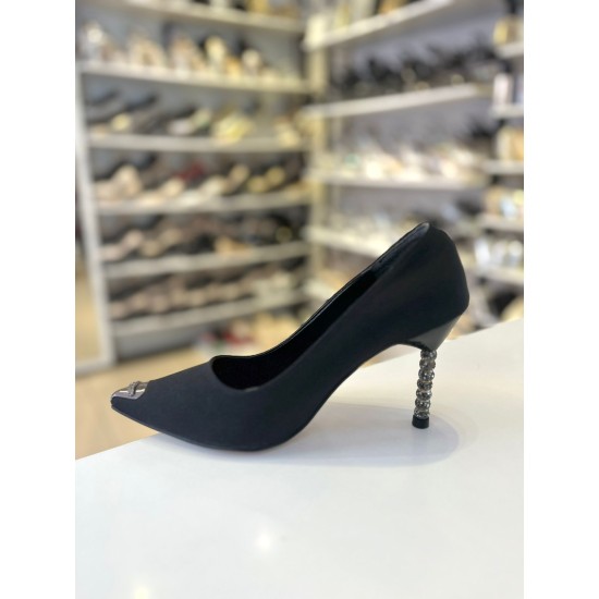 Siyah Antrasit Toka Mat Saten Taş Topuklu Stiletto