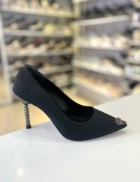 Siyah Antrasit Toka Mat Saten Taş Topuklu Stiletto