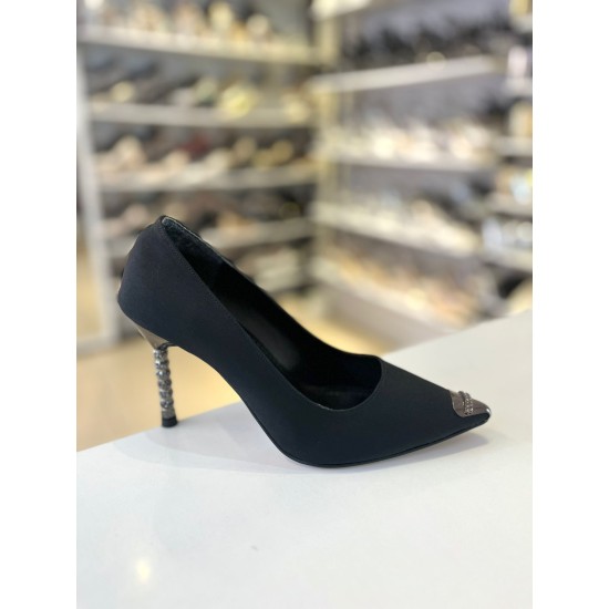 Siyah Antrasit Toka Mat Saten Taş Topuklu Stiletto