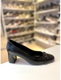 Siyah Kalın Kısa Topuk Gold Tokalı Oval Burun Stiletto