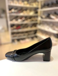 Siyah Kalın Kısa Topuk Gold Tokalı Oval Burun Stiletto