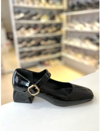 Siyah Rugan Tek Bant Kilteli Kalın Topuk Mary Jane