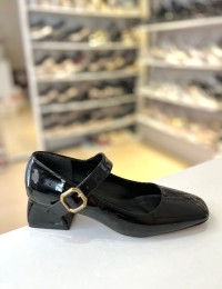 Siyah Rugan Tek Bant Kilteli Kalın Topuk Mary Jane