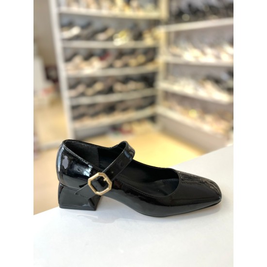 Siyah Rugan Tek Bant Kilteli Kalın Topuk Mary Jane