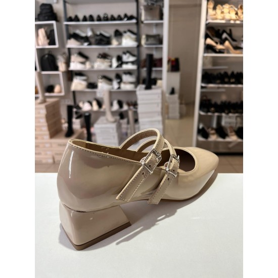 Bej Rugan Çift Bant Mary Jane Ayakkabı